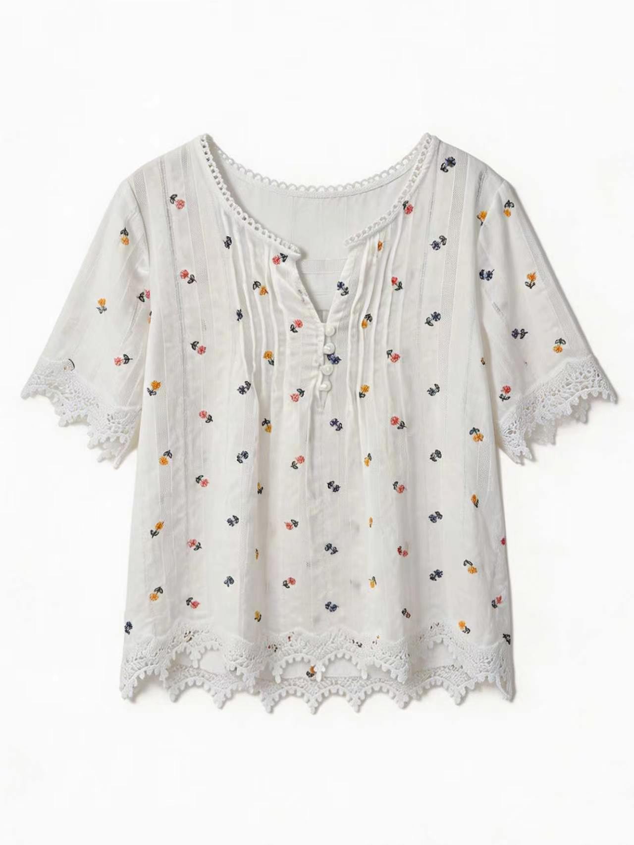 Minimalist White Floral Embroidered Lace Trim Top AN-750005