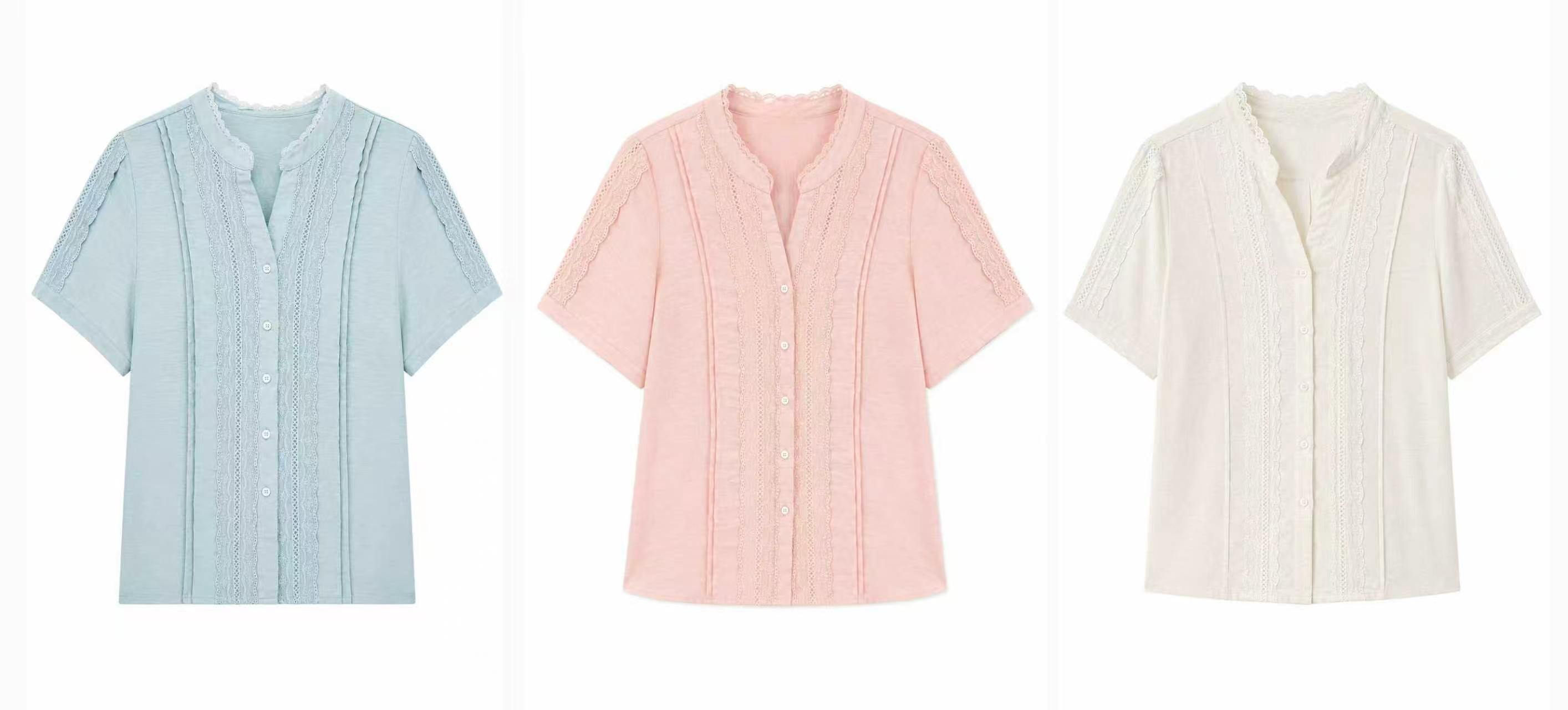 Linen-Blend Lace Trim Short-Sleeve Blouse LA-780002
