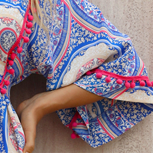 Boho Medallion Print Tassel Trim Flowy Maxi Dress W-32940