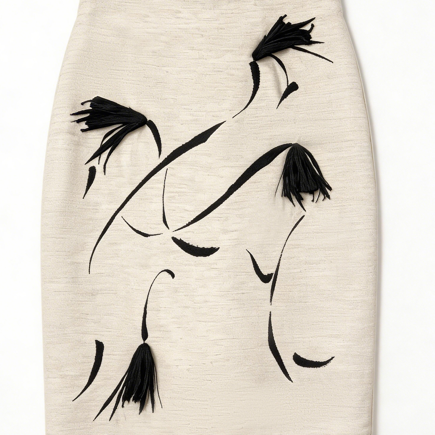 Women's Oriental Ink Painting Tassel Pencil Skirt - Beige High Waist Bodycon Midi Skirt  SZLA-320003