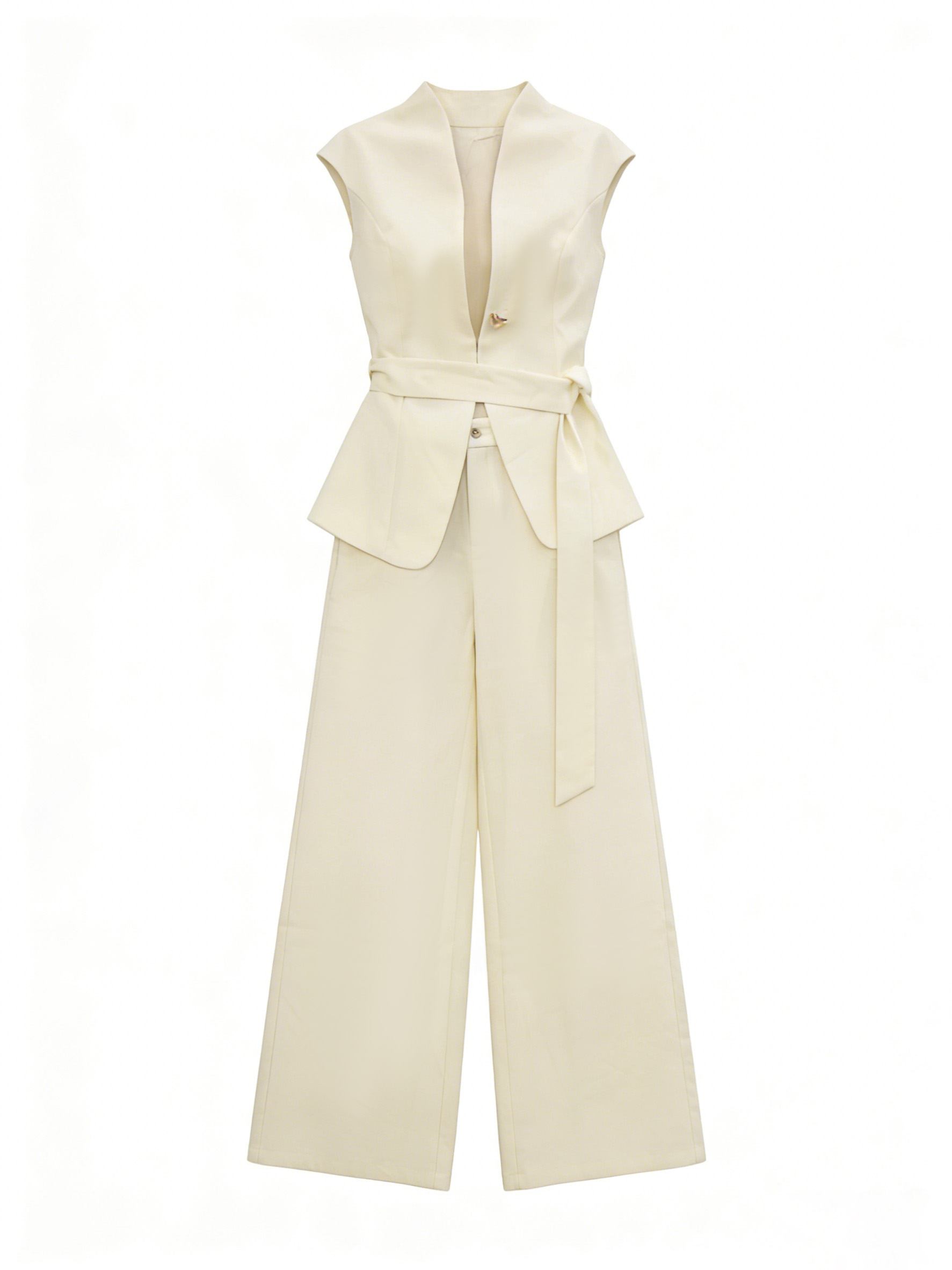 Cream White Sleeveless Blazer Vest Wide Leg Pants Set - Office Wear Two Piece Outfit C-41271+C-41272