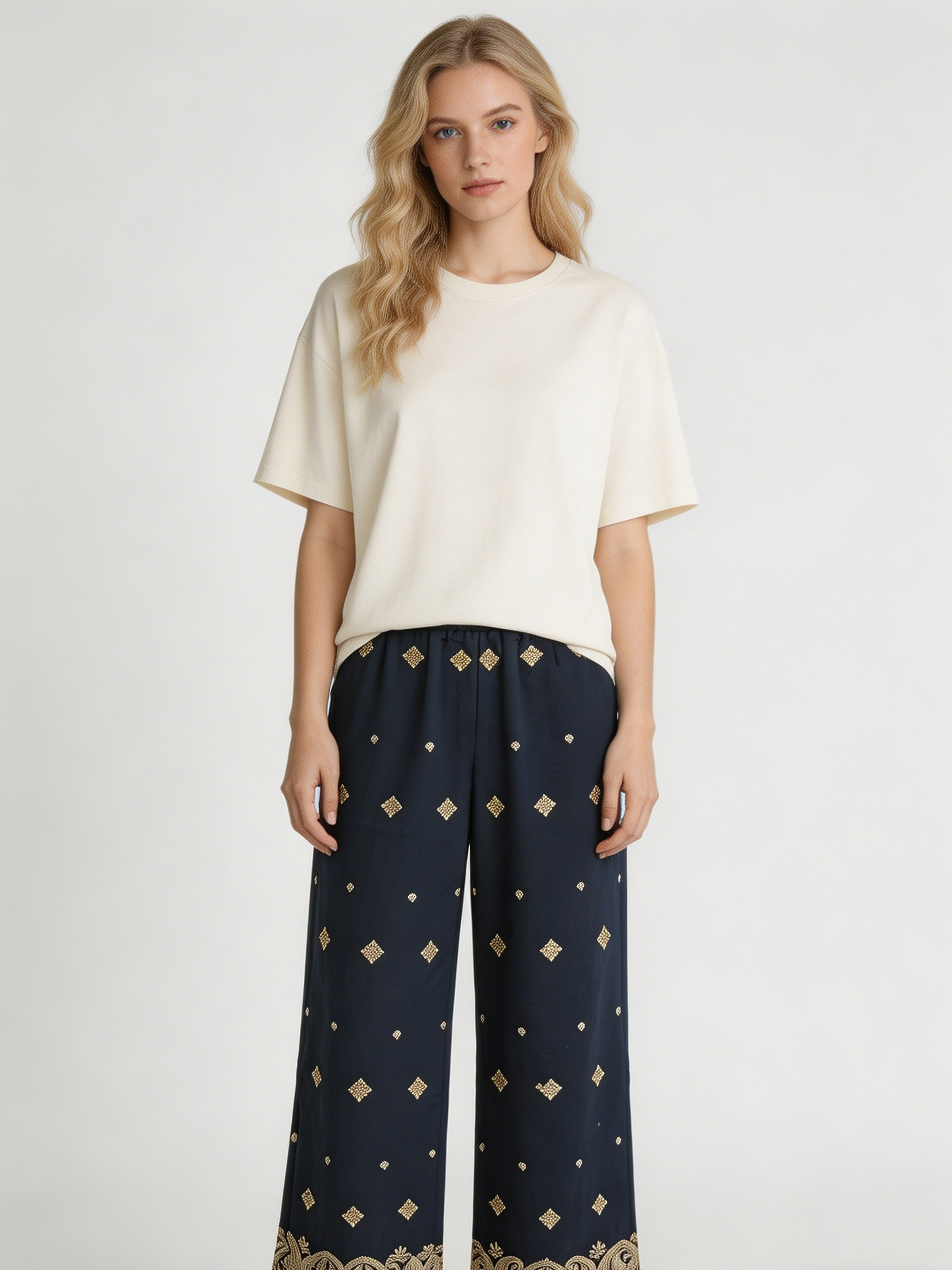 Chic  Gold Embroidered Trousers - High Waist Boho Wide Leg Pants  AN-710002