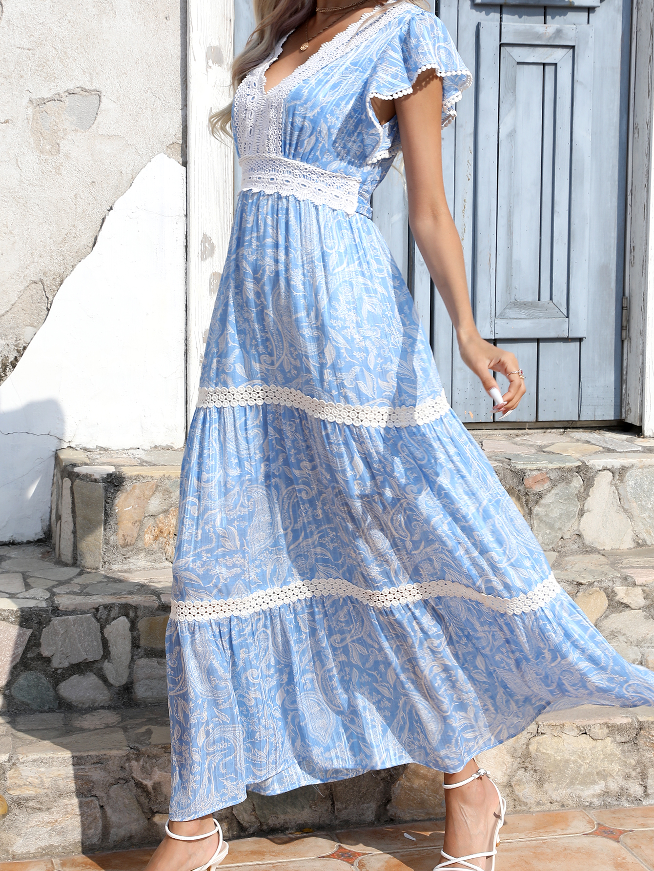 Women’s Blue Paisley Lace Trim Tiered Maxi Dress W-32472