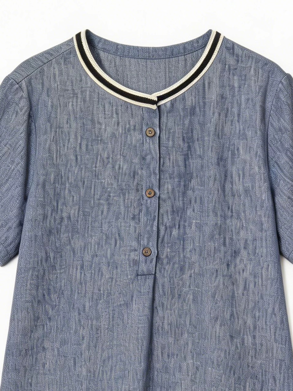 Blue Linen-Blend Tunic Dress with Contrast Neckline Trim AN-750015