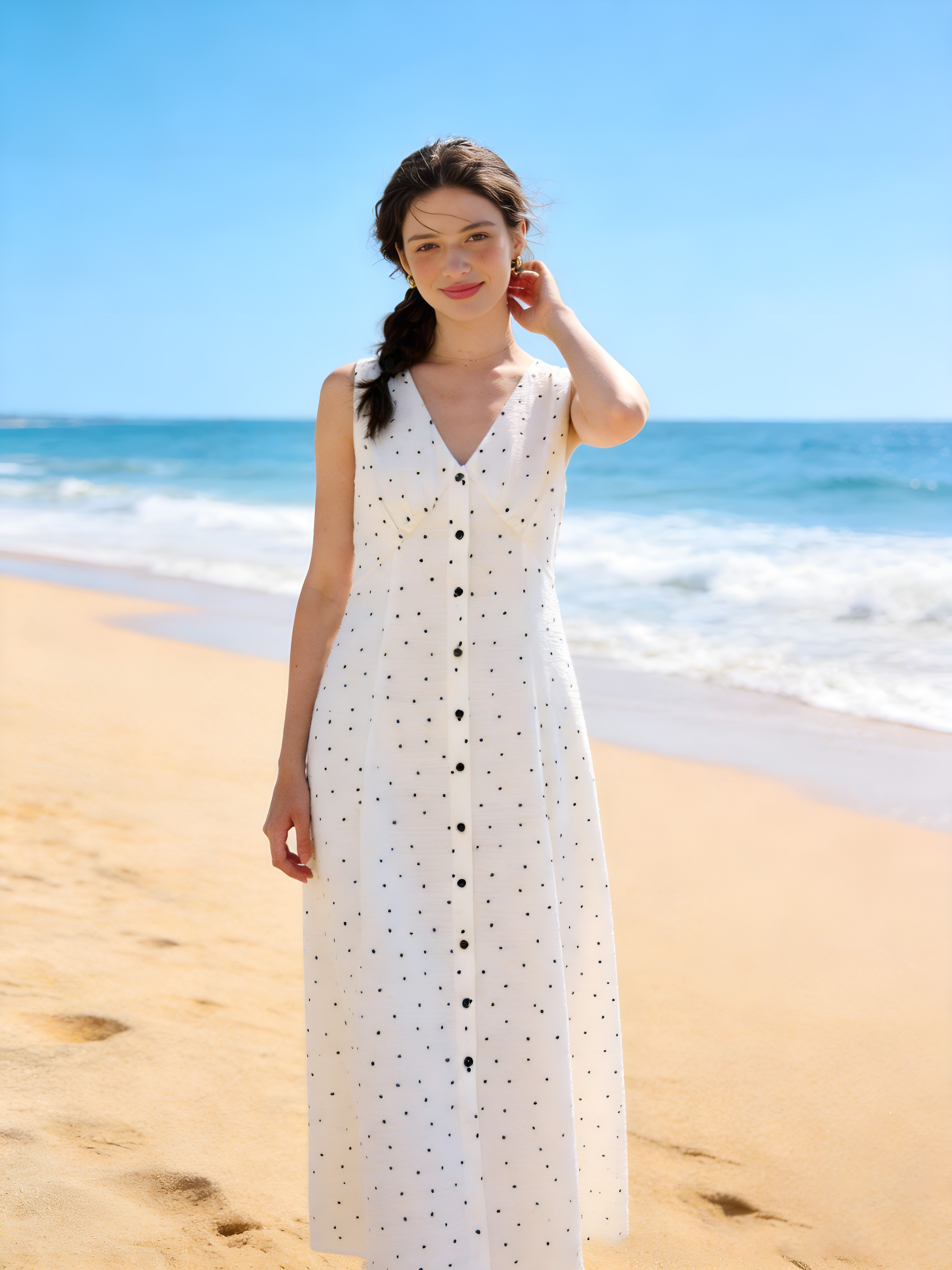 White Polka Dot V-Neck Sleeveless Maxi Dress - French Style Vacation Dress W-40573