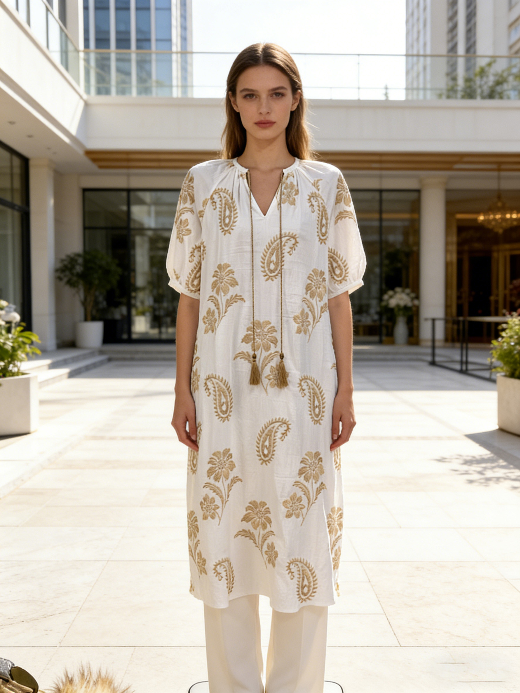  Women's Boho Chic White Midi Dress with Gold Paisley Embroidery and Tassel Tie C-42574