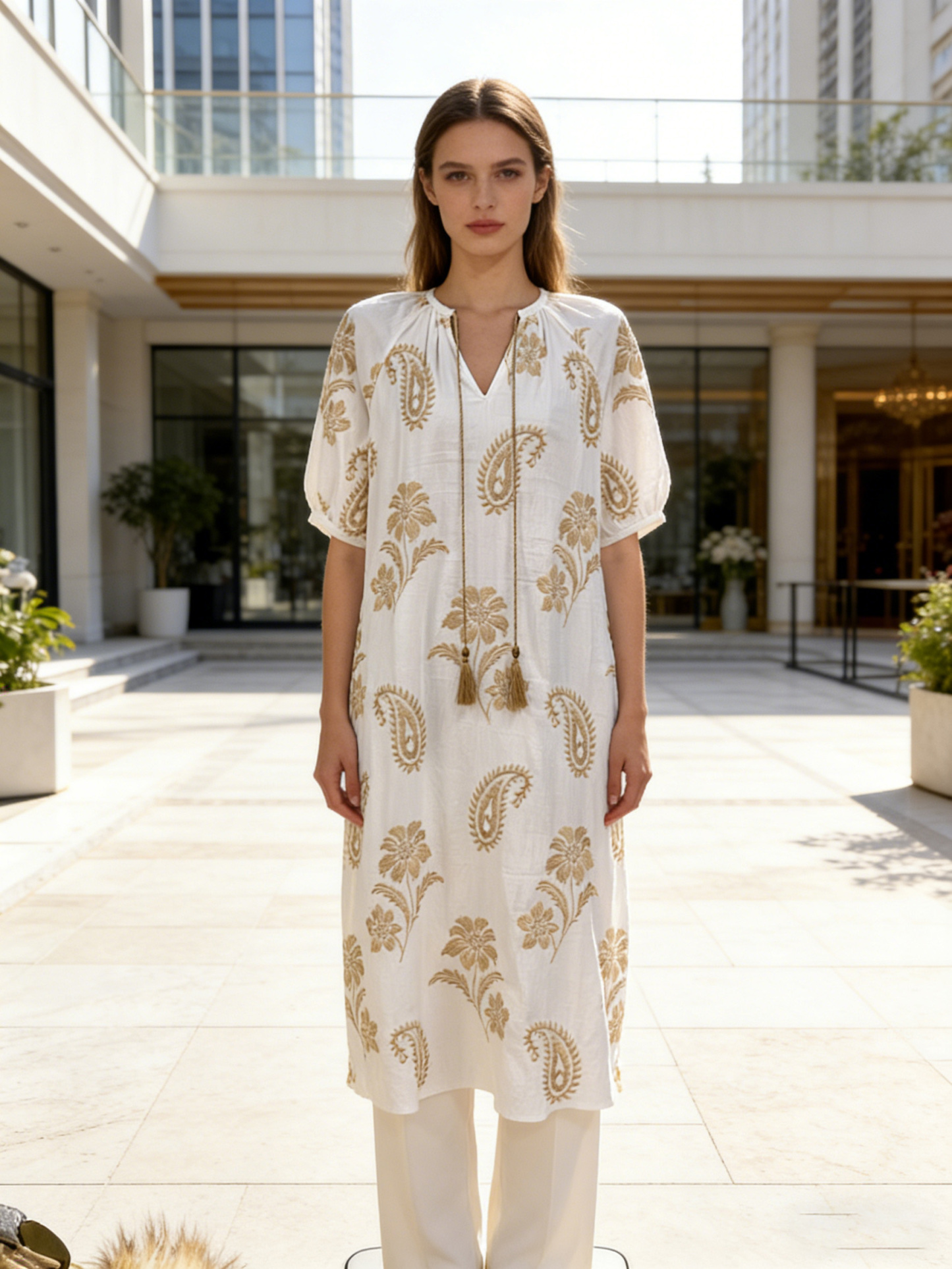  Women's Boho Chic White Midi Dress with Gold Paisley Embroidery and Tassel Tie C-42574