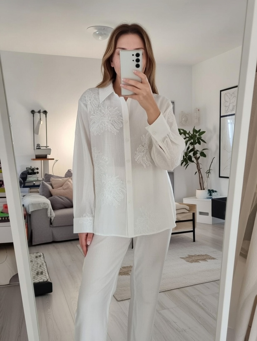 Women’s Lightweight Embroidered Button-Down Shirt – Boho Resort Style Blouse C-42332