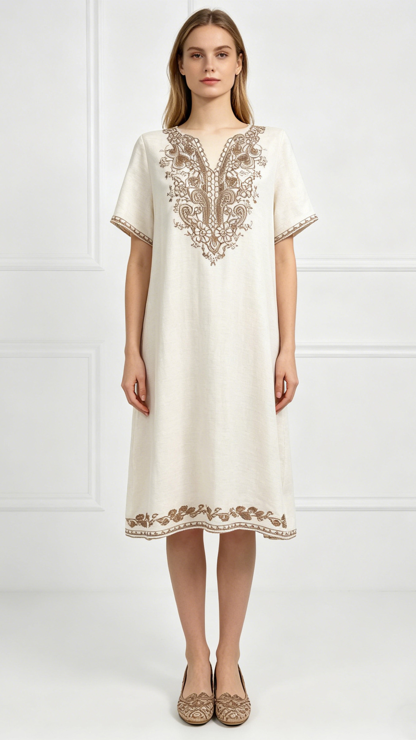 Boho Embroidered Linen-Look Maxi Dress W-42937
