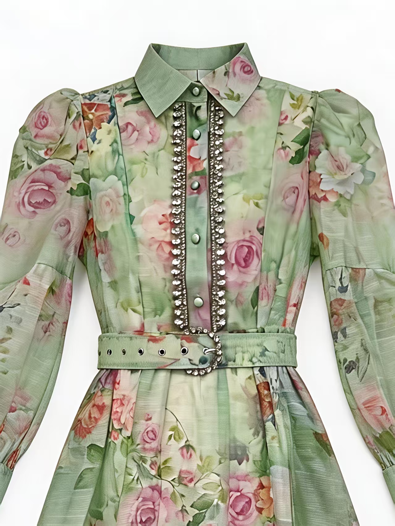 Green Floral Print Rhinestone Trim Midi Dress - Elegant Party Dress 5362