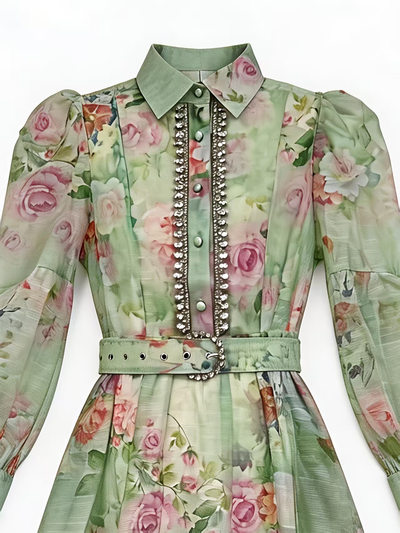 Green Floral Print Rhinestone Trim Midi Dress - Elegant Party Dress 5362