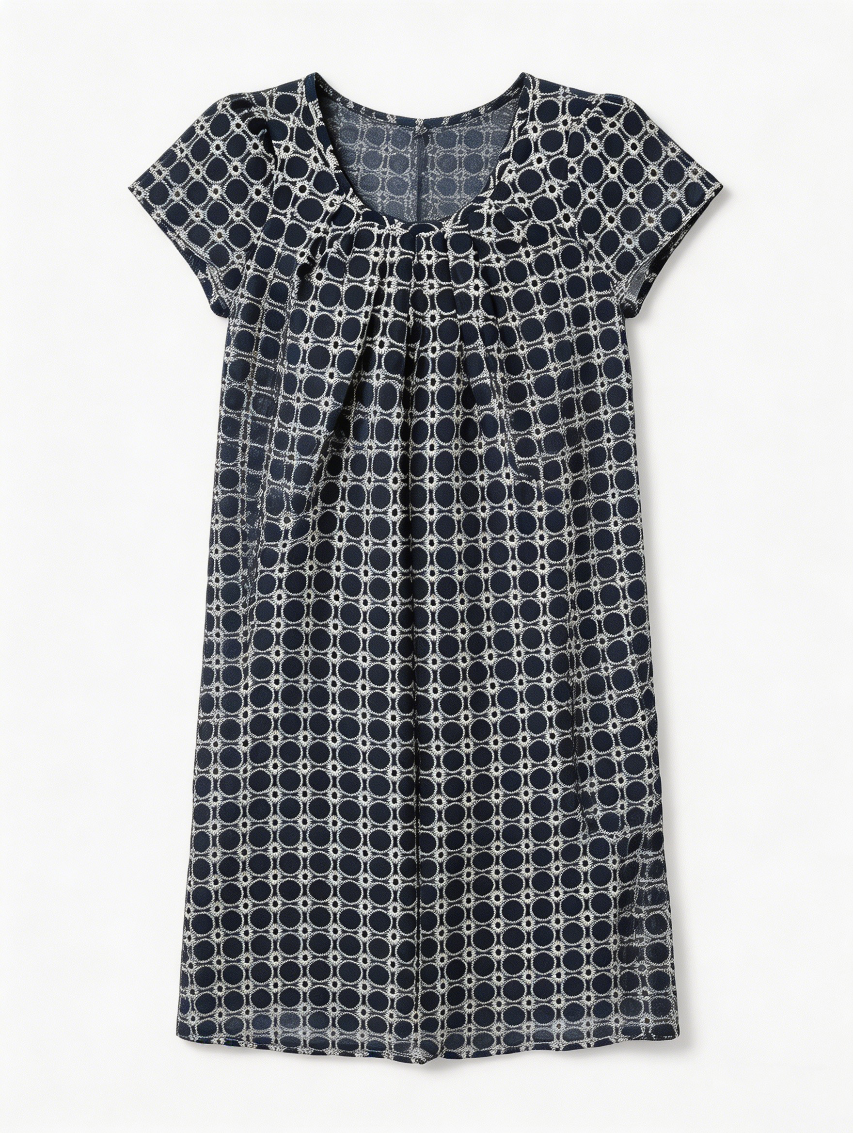 Retro Navy Geometric Print Dress - Round Neck Relaxed Fit Shift Dress  AN-710015