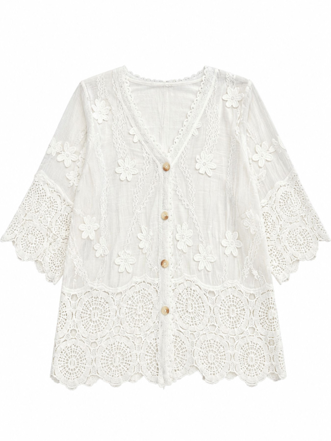 Women's V-Neck Floral Lace Button-Front Cardigan V38