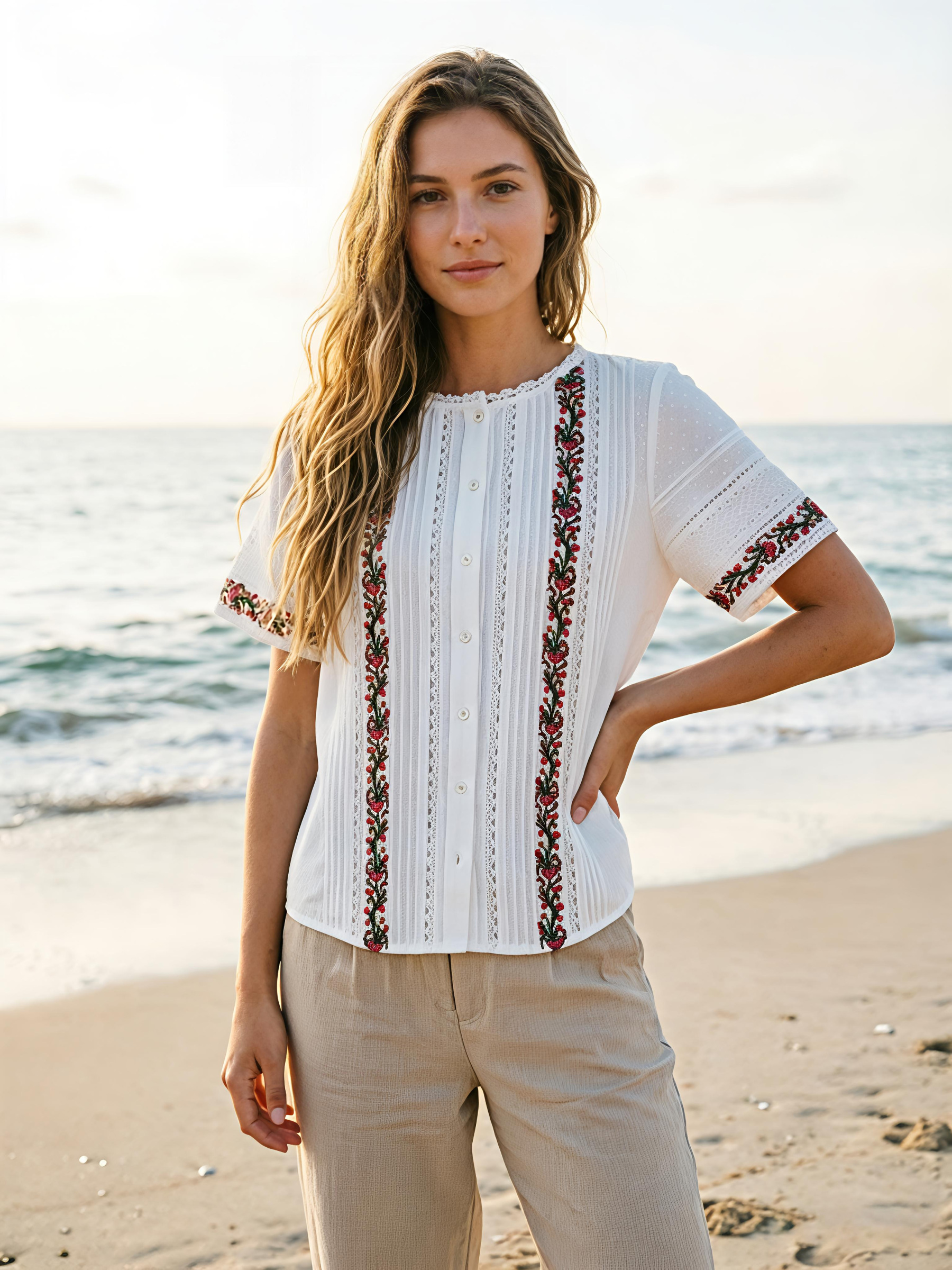 Women's White Boho Floral Embroidered Short Sleeve Blouse - Lace Trim Top A-42664