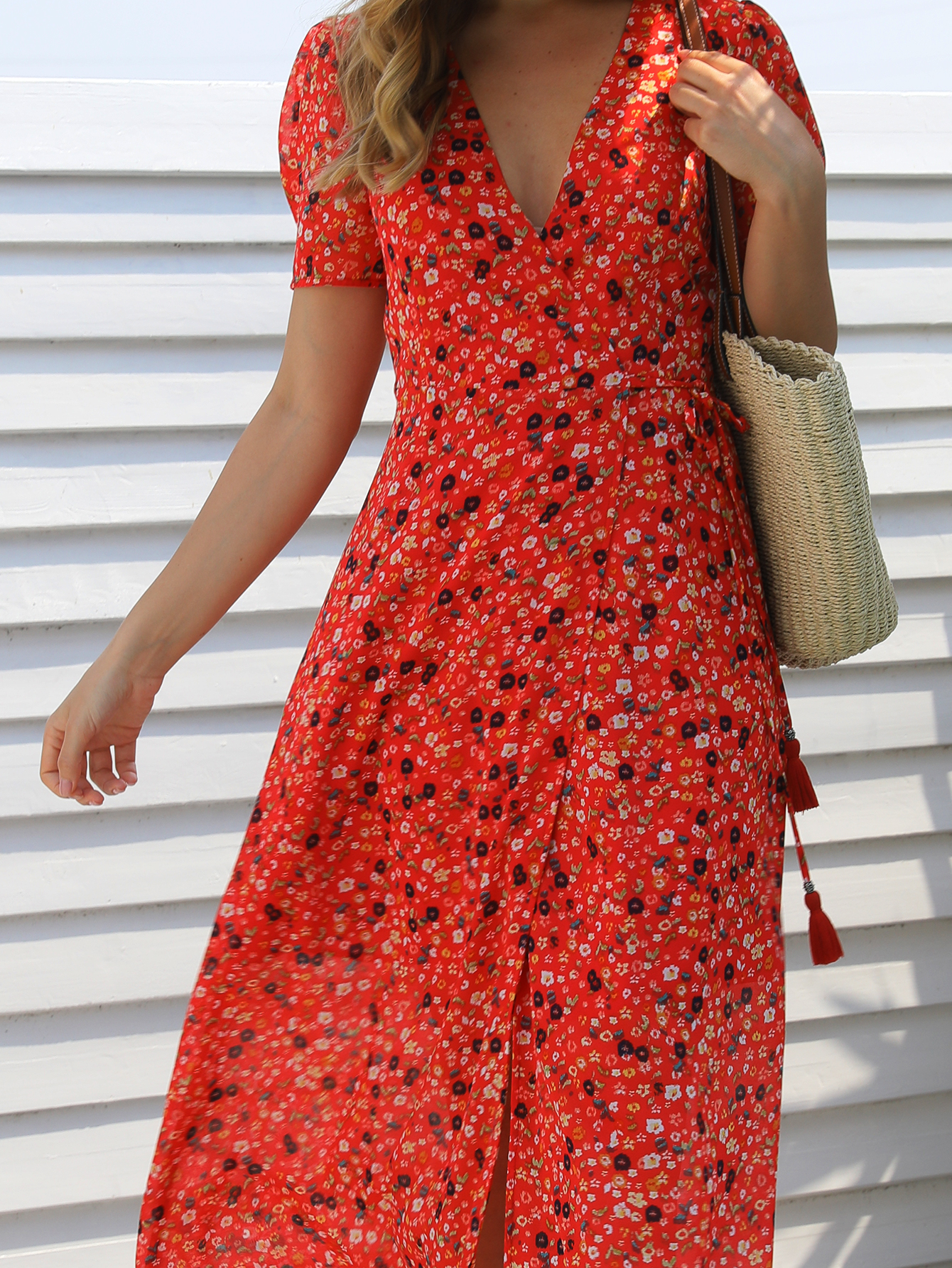 Women’s Red Floral Wrap V-Neck Midi Dress W-32068