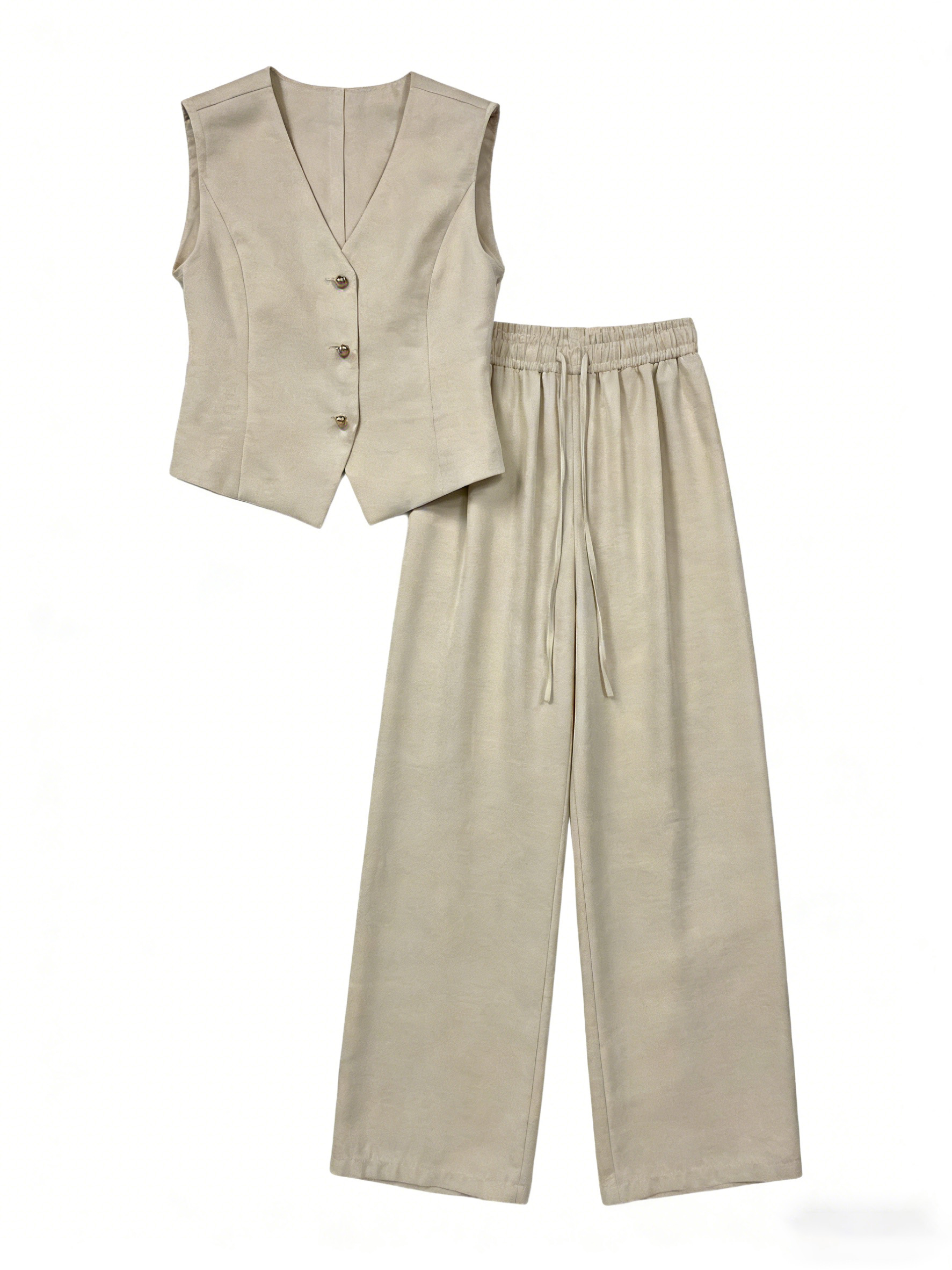 Chic Sleeveless Button-Up Vest and Wide-Leg Pants Set 
