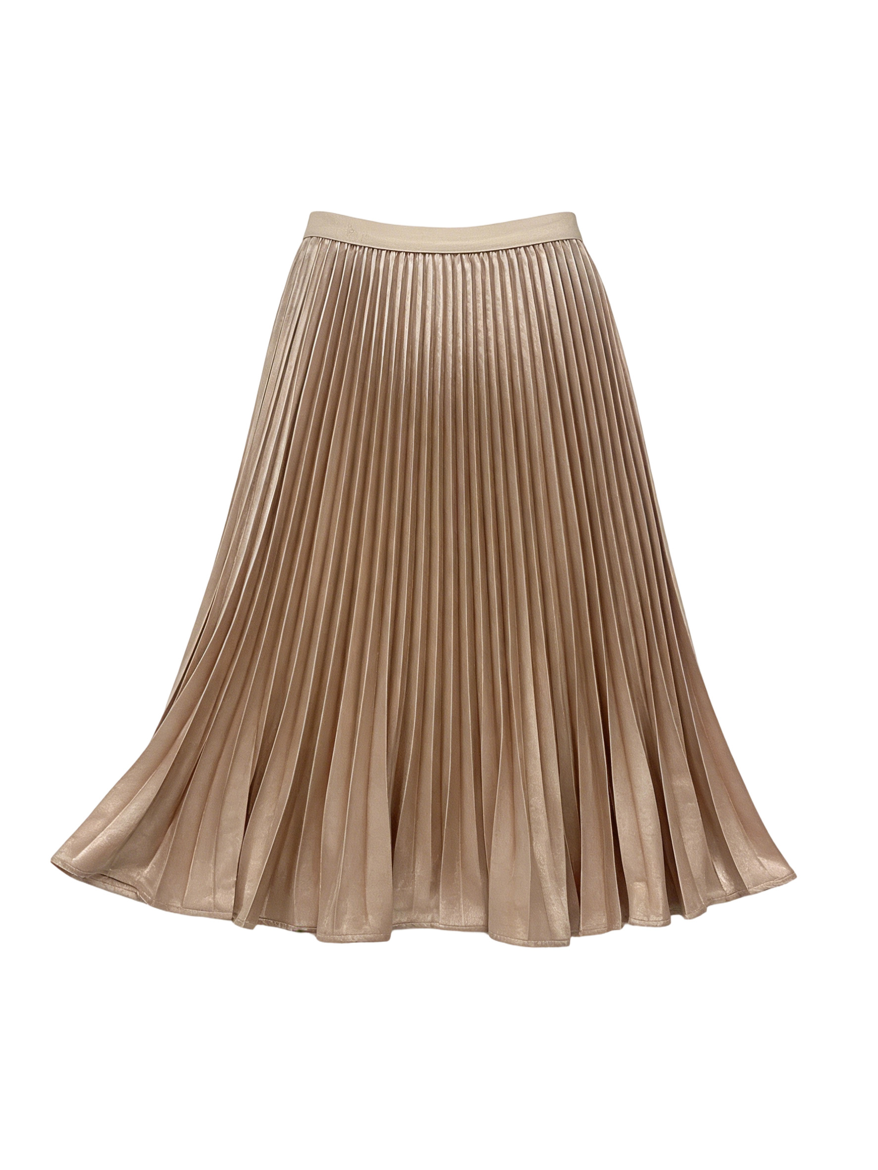 Elegant Champagne Metallic Pleated Skirt - High Waist A-Line Casual Skirt   XW-21267