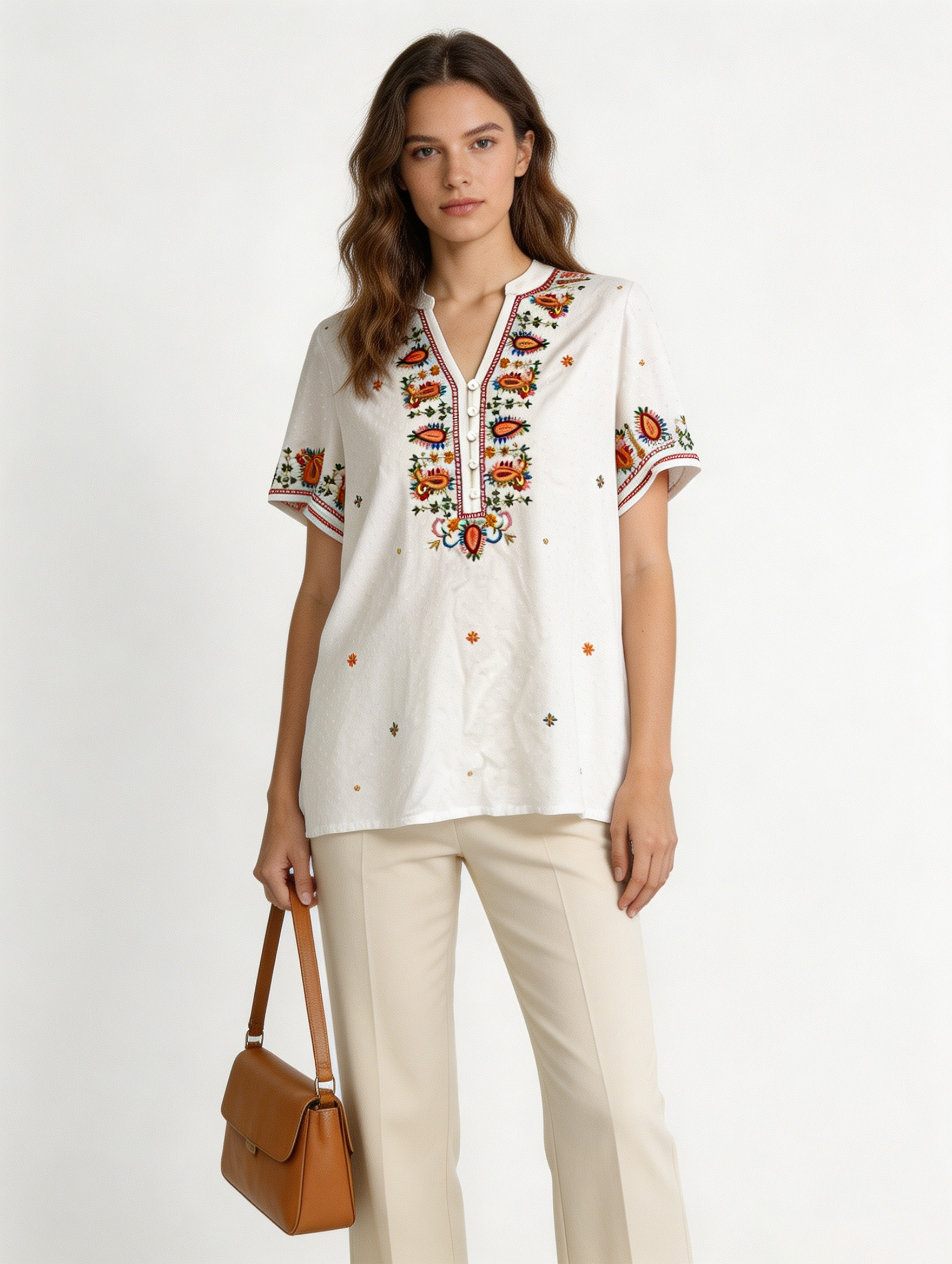 Women’s Boho Embroidered Blouse – Ethnic V Neck Loose Fit Summer Top D-42255