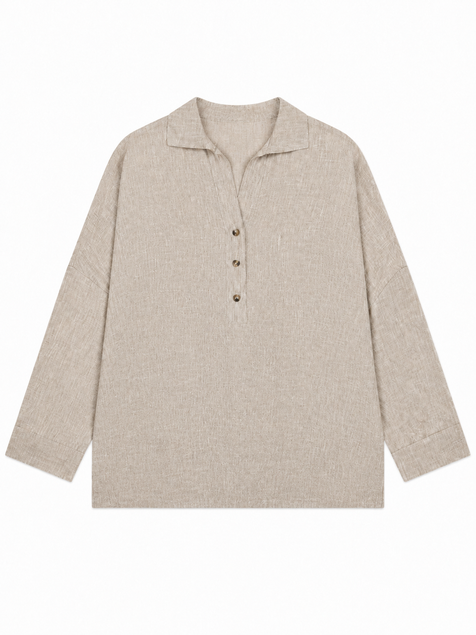 Women Natural Flax Linen Polo Collar Blouse W-433441