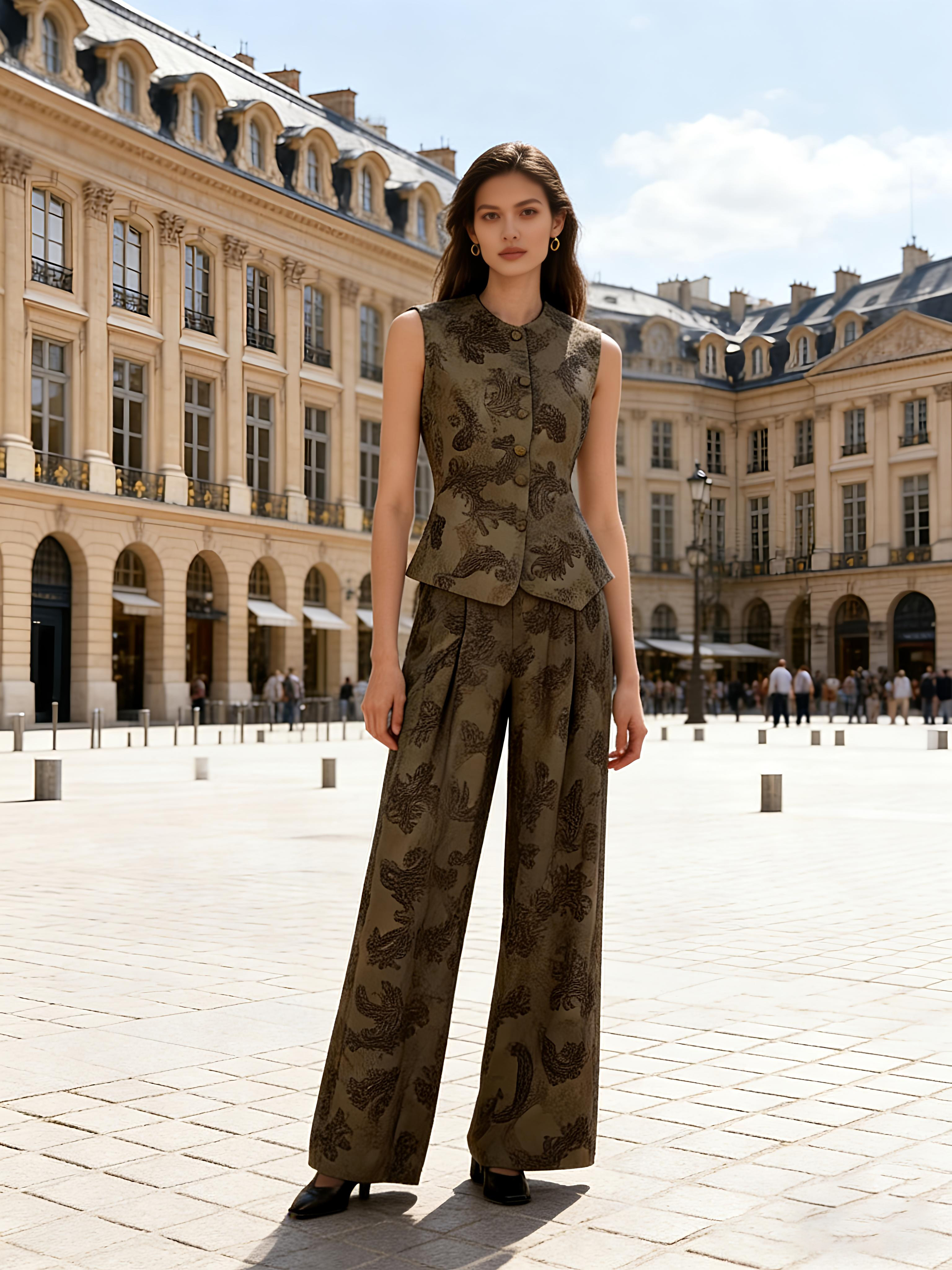 Women's Olive Green Paisley Jacquard Vest & Wide Leg Pants Set  W-41506，W-41507