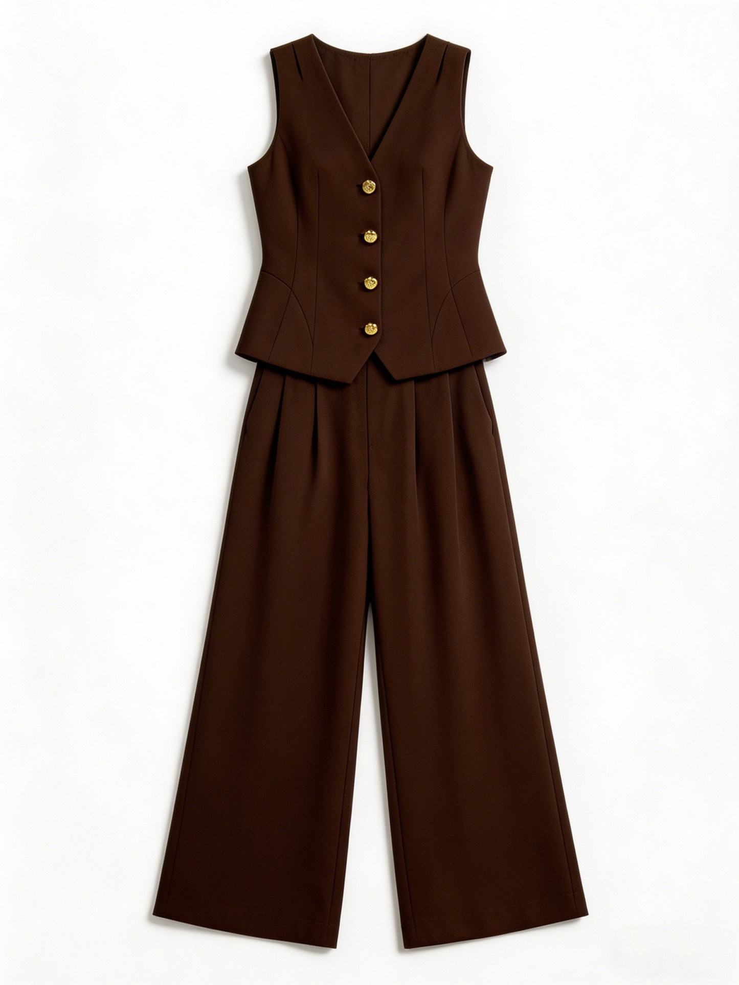Quiet Luxury Peplum Vest & Wide-Leg Pants 2-Piece Set with Gold Buttons C-41337+C-41338
