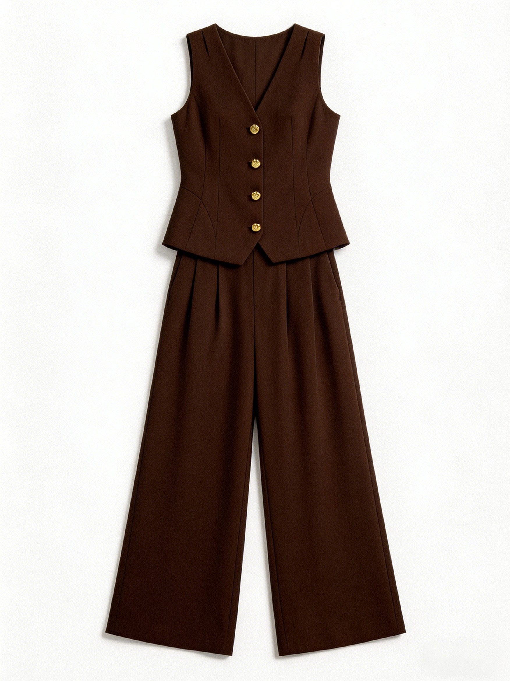 Quiet Luxury Peplum Vest & Wide-Leg Pants 2-Piece Set with Gold Buttons C-41337+C-41338