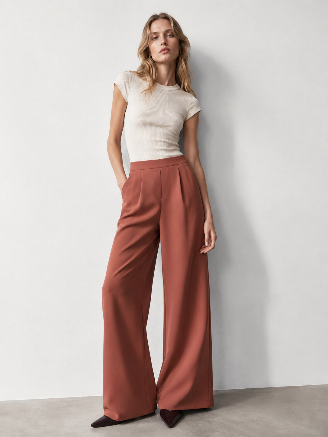 Elegant Terracotta Pleated Wide Leg Pants - Premium Everyday Bottoms XW-26909