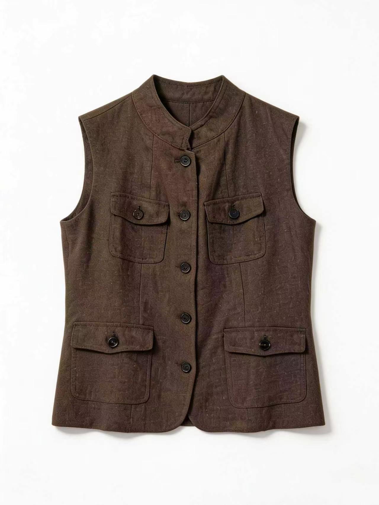 Minimalist Multi-Pocket Linen Utility Waistcoat LA-710008