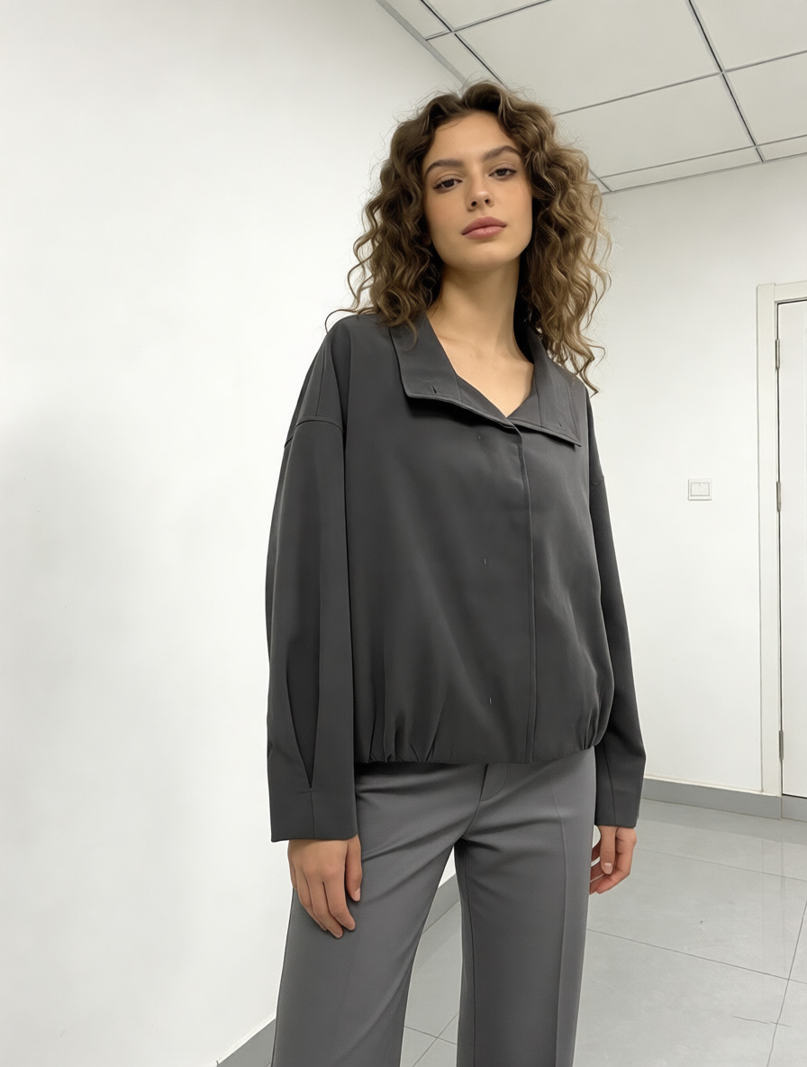 Chic Charcoal Cropped Jacket - Oversized Lapel Casual Outerwear  27551