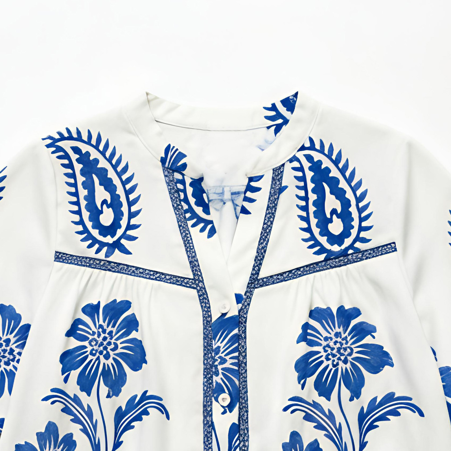 Boho White Paisley Print Shirt - Ruffle Sleeve Vacation Top  W-42744