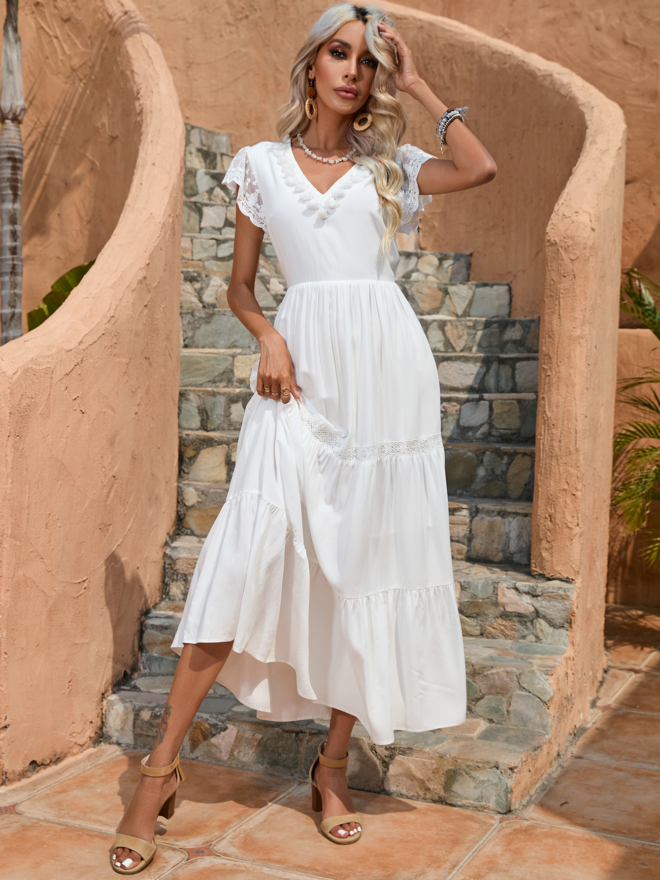 Women’s White Lace Trim V-Neck Tiered Midi Dress D-34632