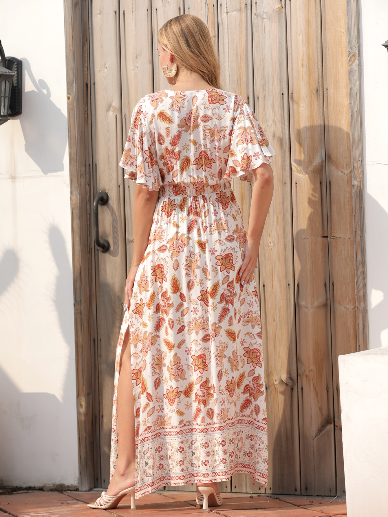 Women’s Boho Floral V-Neck Flutter Sleeve Midi Dress W-32107