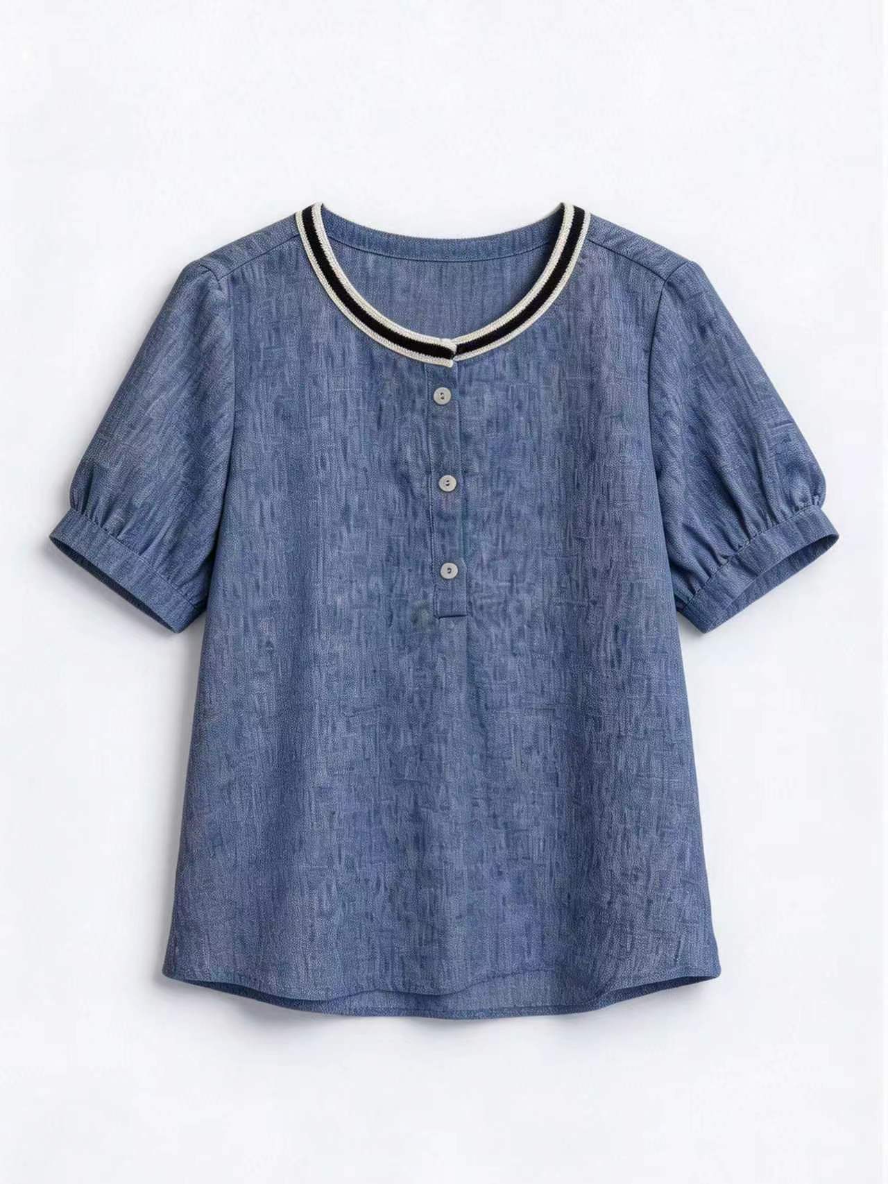 Elegant Linen-Blend Blouse with Contrast Ribbed Neckline AN-750016