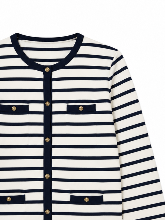 Women Nautical‑Striped Round‑Neck Cardigan Jacket M-43814