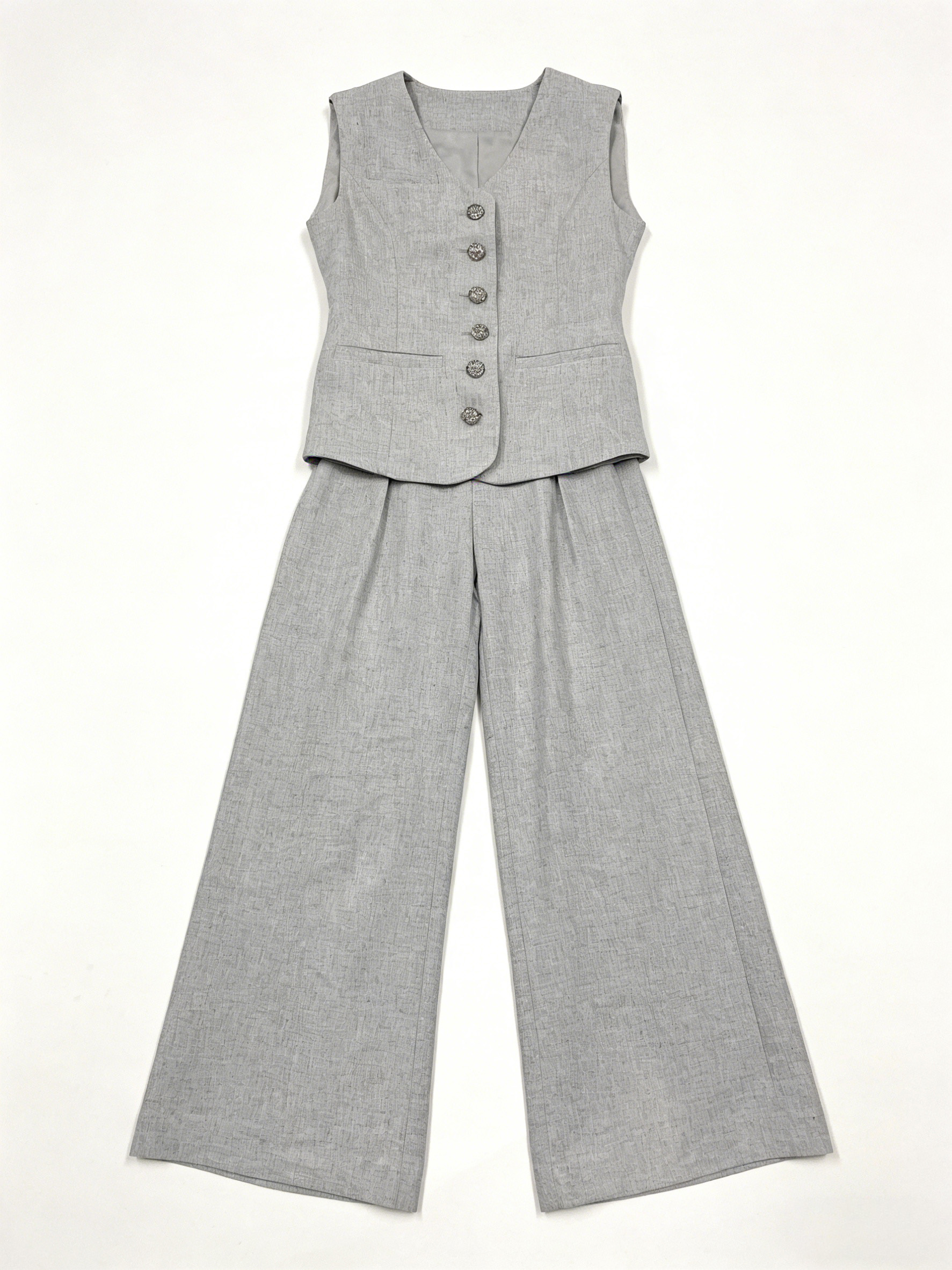 Light Grey Linen Blend Sleeveless Vest Wide Leg Pants Set - Office Two Piece Outfit C-41318+C-41319