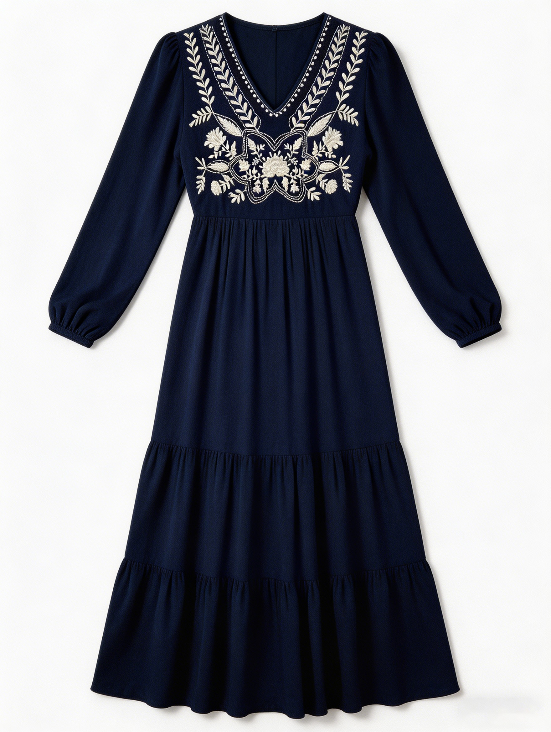 Navy Blue Embroidered Boho Maxi Dress D-34131