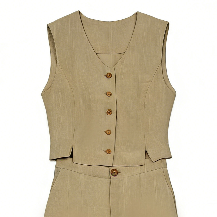 Earth Tone Linen Vest & Wide Leg Pants Set C-40002+C-40003