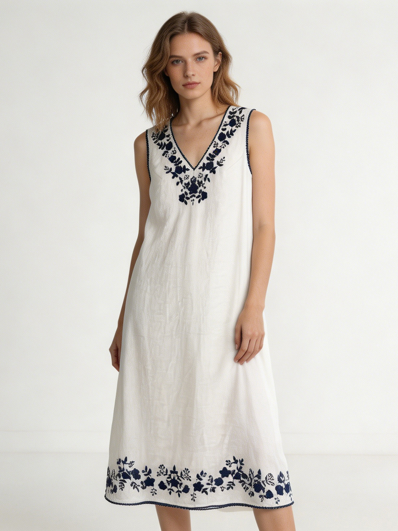 White Navy Floral Embroidered V-Neck Maxi Dress - Mexican Boho Style W-40590