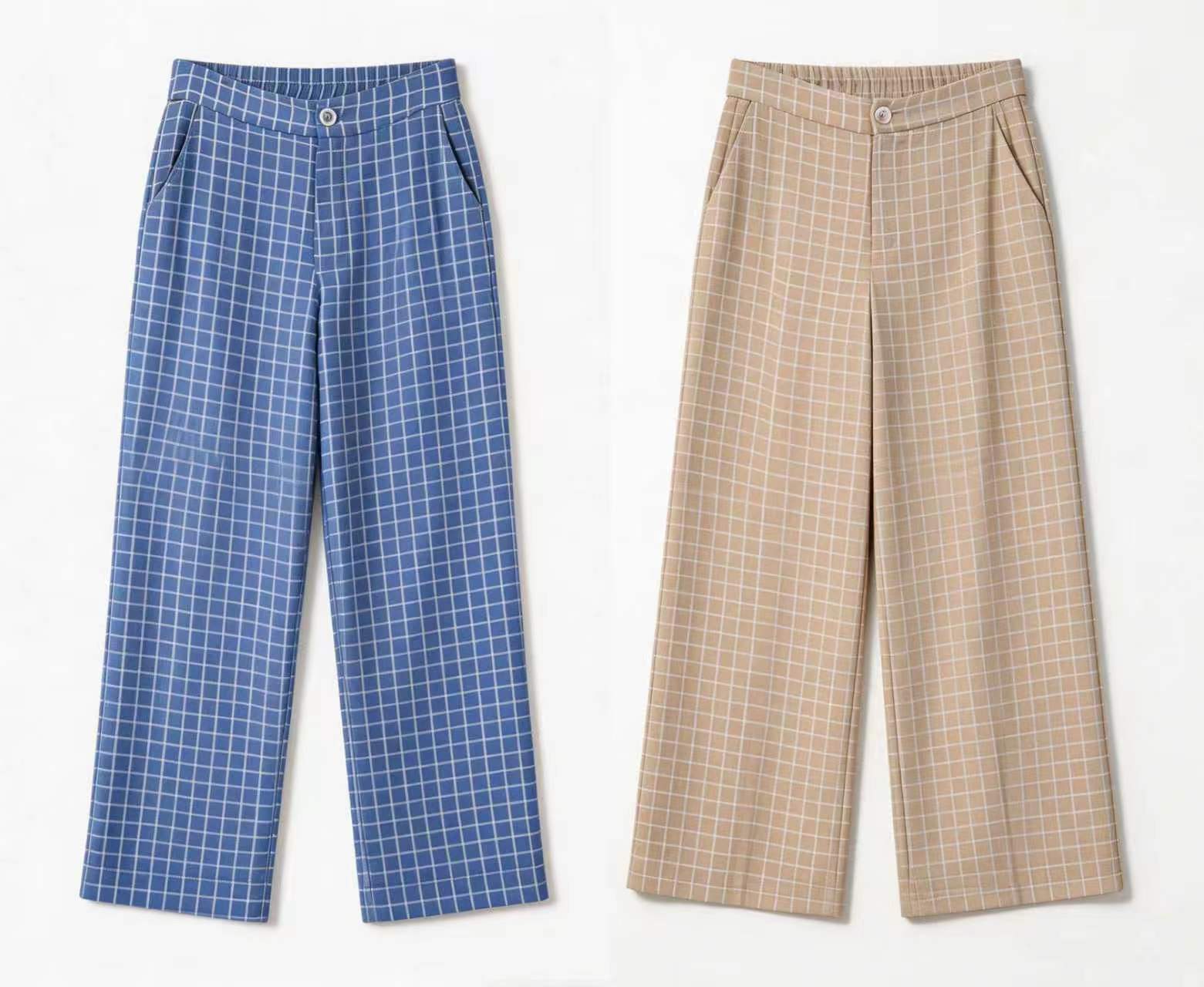 Minimalist Blue Grid Print High-Waisted Trousers AN-710016