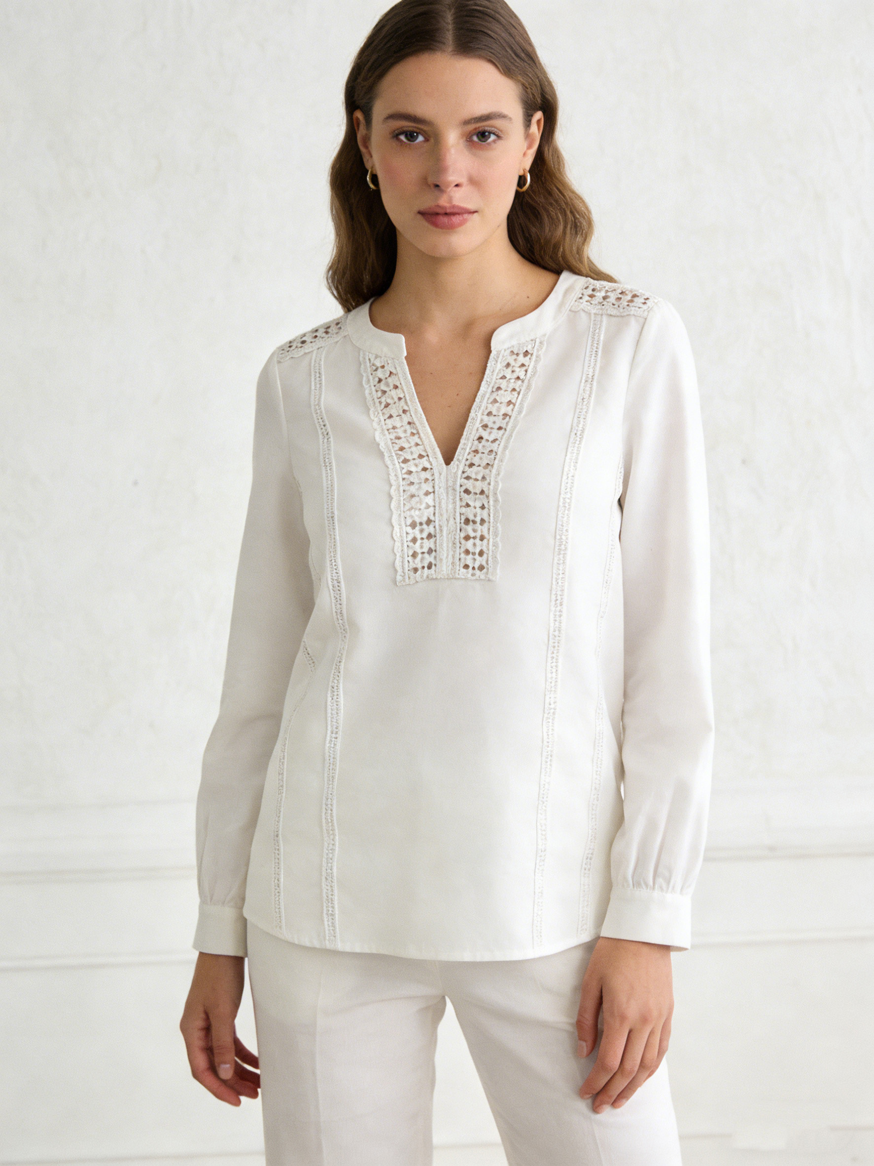 Women's White Lace Trim Stand Collar Long Sleeve Blouse - Puff Sleeve Top  C-40458