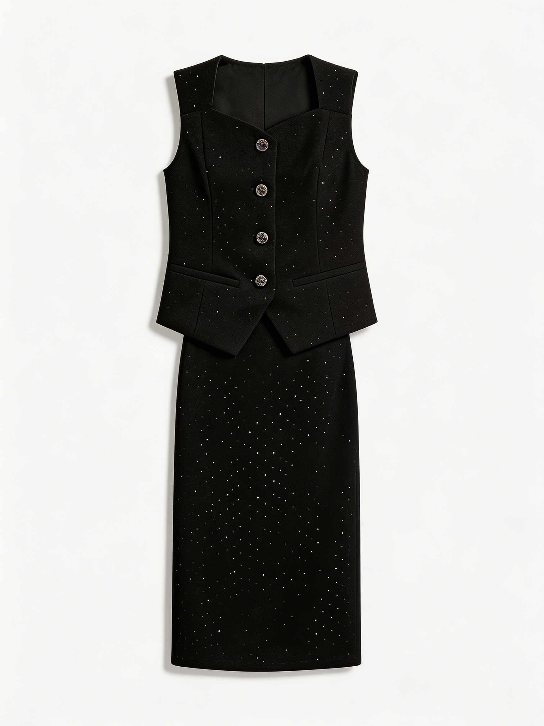 Modern Retro Square Neck Button Front Vest Top Slim Fit Long Skirt Ensemble C-41461+C-41462