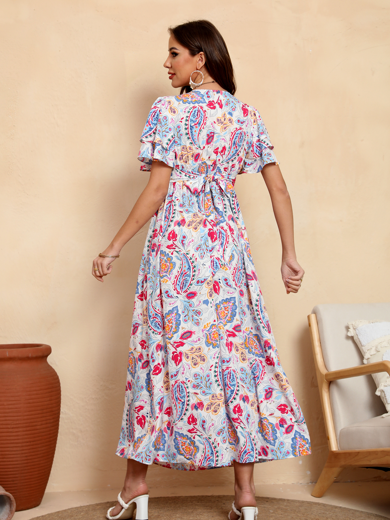 Women’s Boho Paisley Print V-Neck Midi Dress D-34894