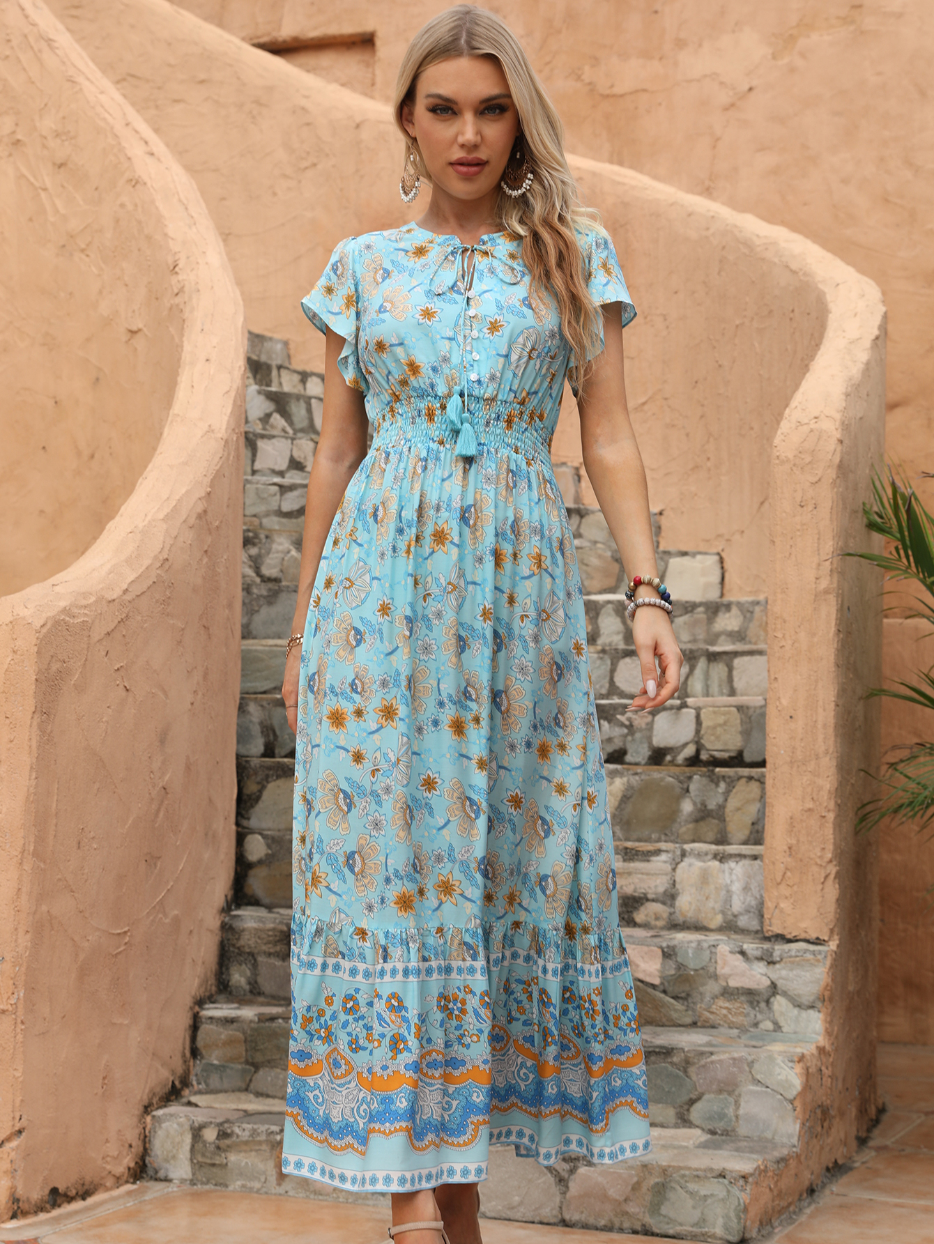 Women’s Blue Boho Floral Tassel Tie Maxi Dress D-35447