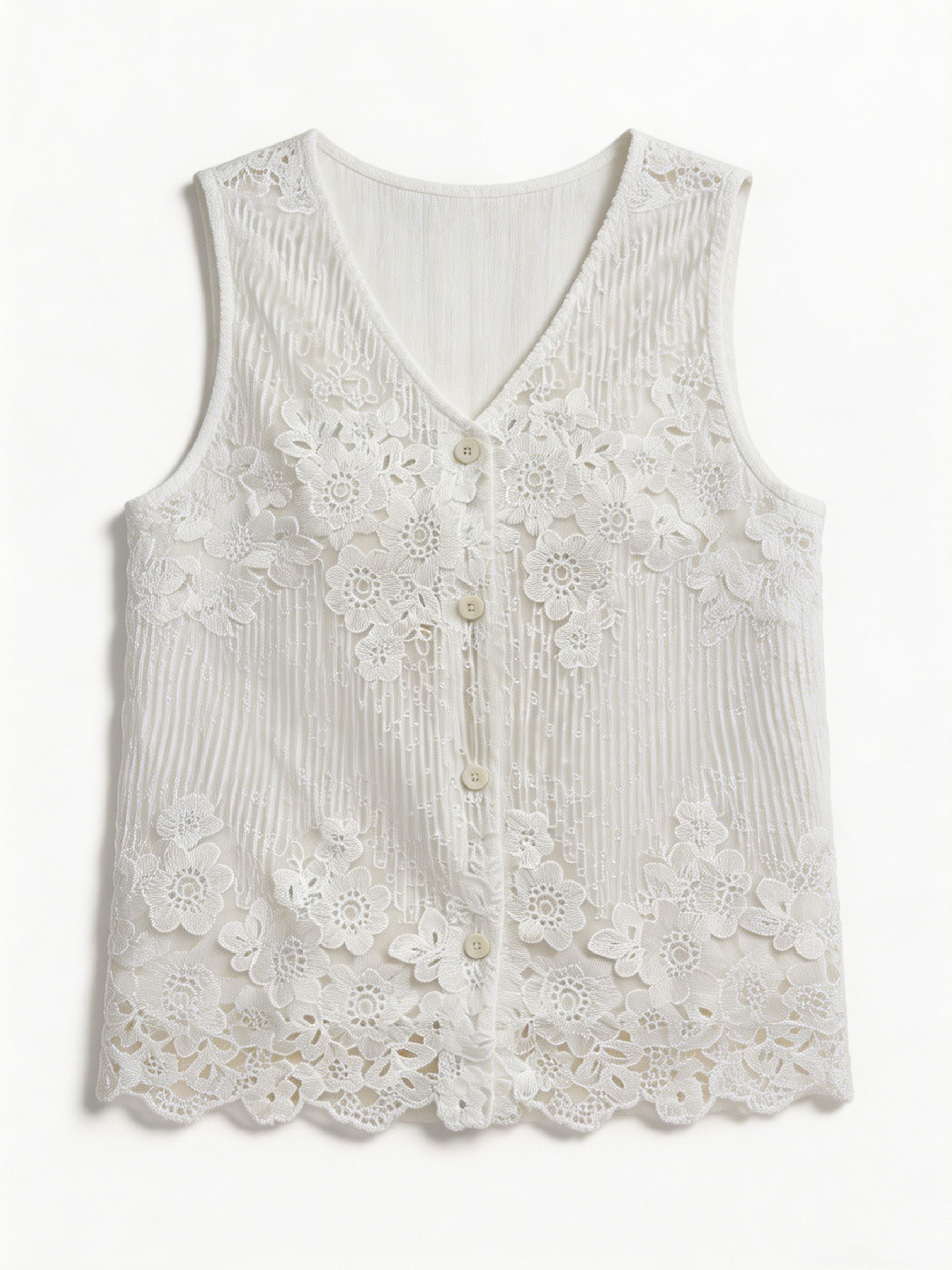 Vintage Inspired Floral Embroidery Lace Top V-Neck Button Front Sleeveless Shirt W-26414