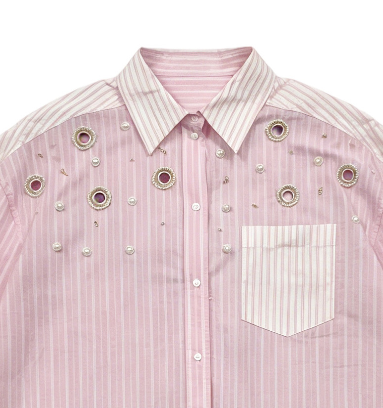 Women’s Embellished Striped Button Down Casual Shirt C-41066