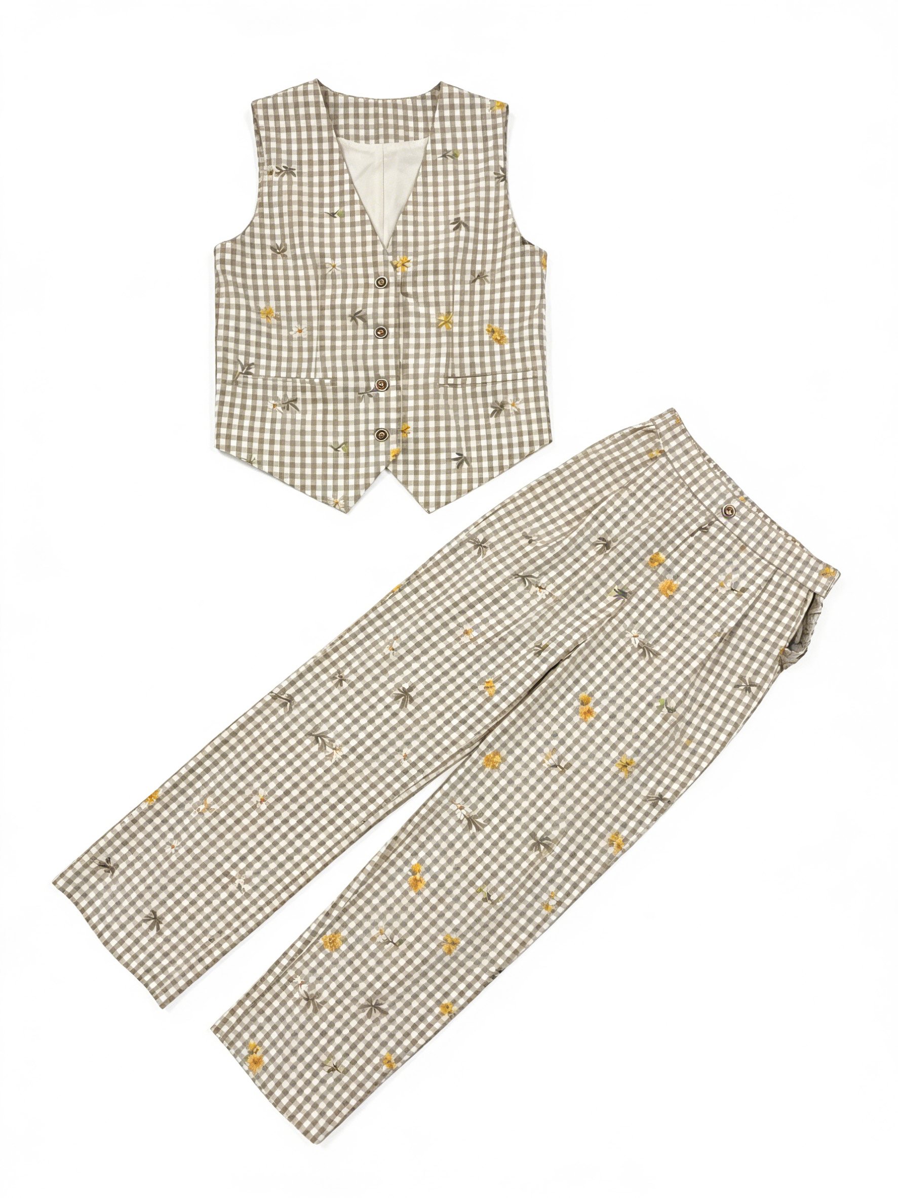 Women’s Gingham Floral Embroidered Vest & Wide Leg Pants Two Piece Set A-42383+A-42384