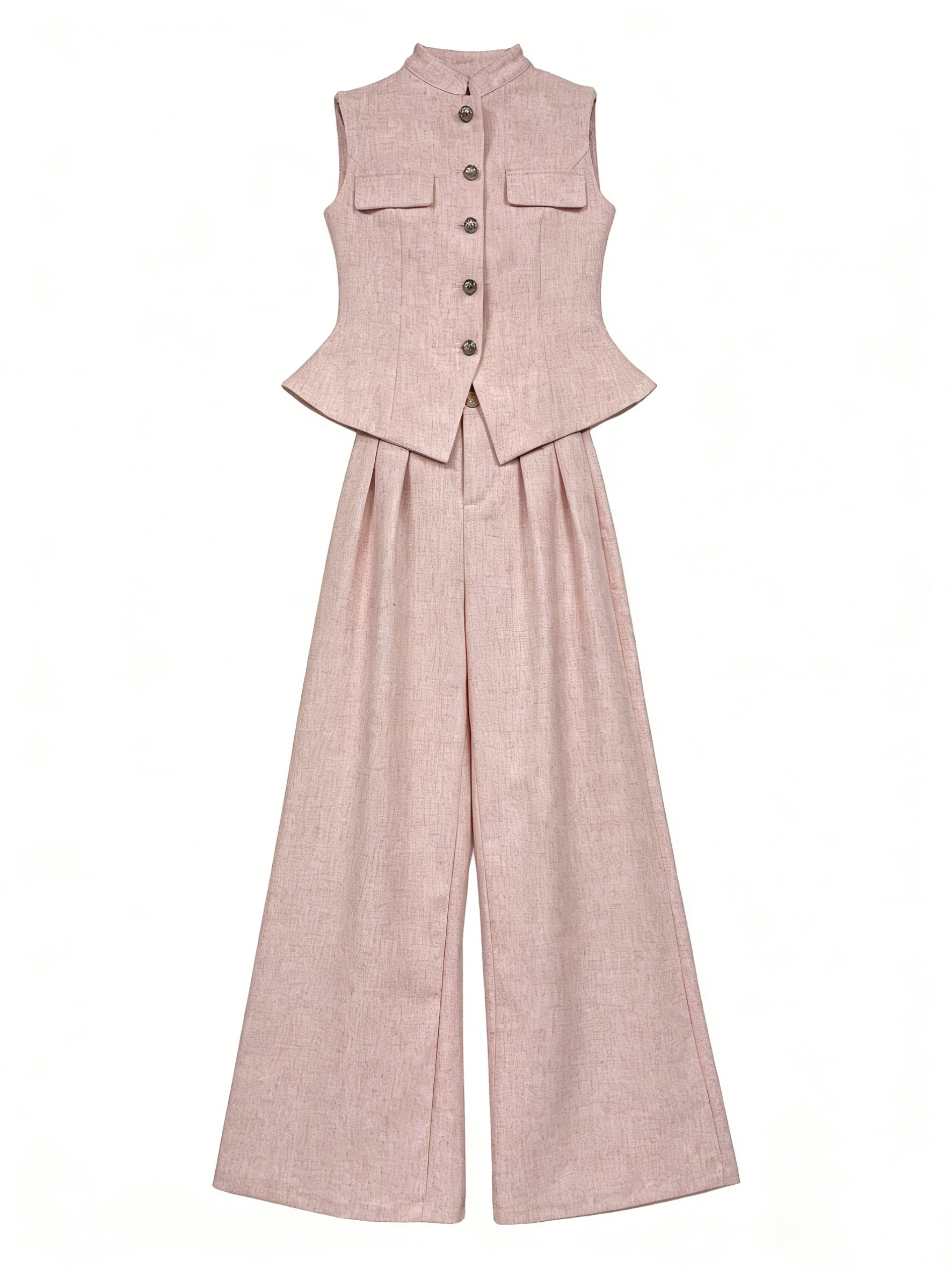 Pink Linen-Blend Mandarin Collar Vest Wide Leg Pants Set - Office 2 Piece Outfit V-C41196