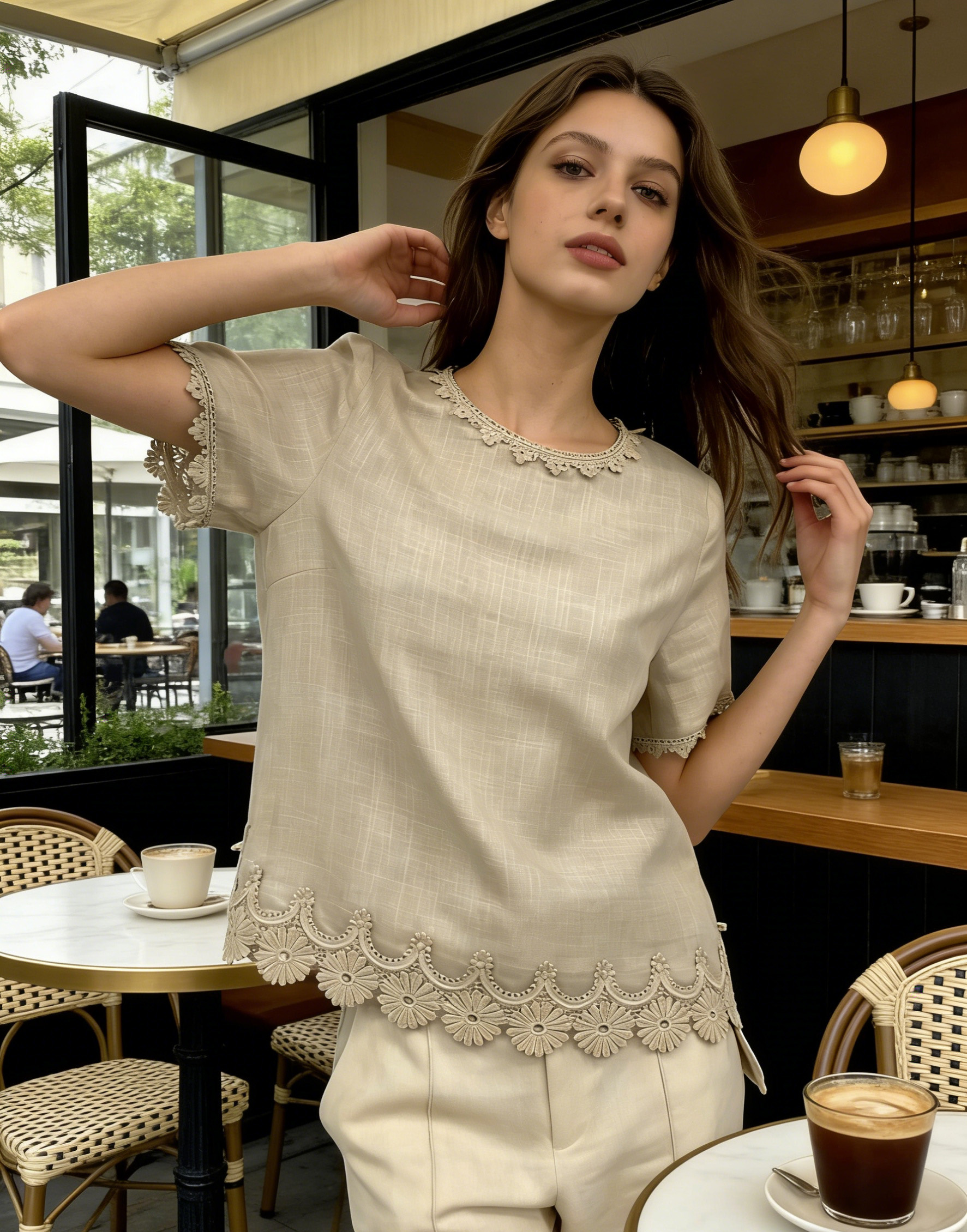 Women’s Boho Crochet Trim Linen Look Short Sleeve Top M-42312