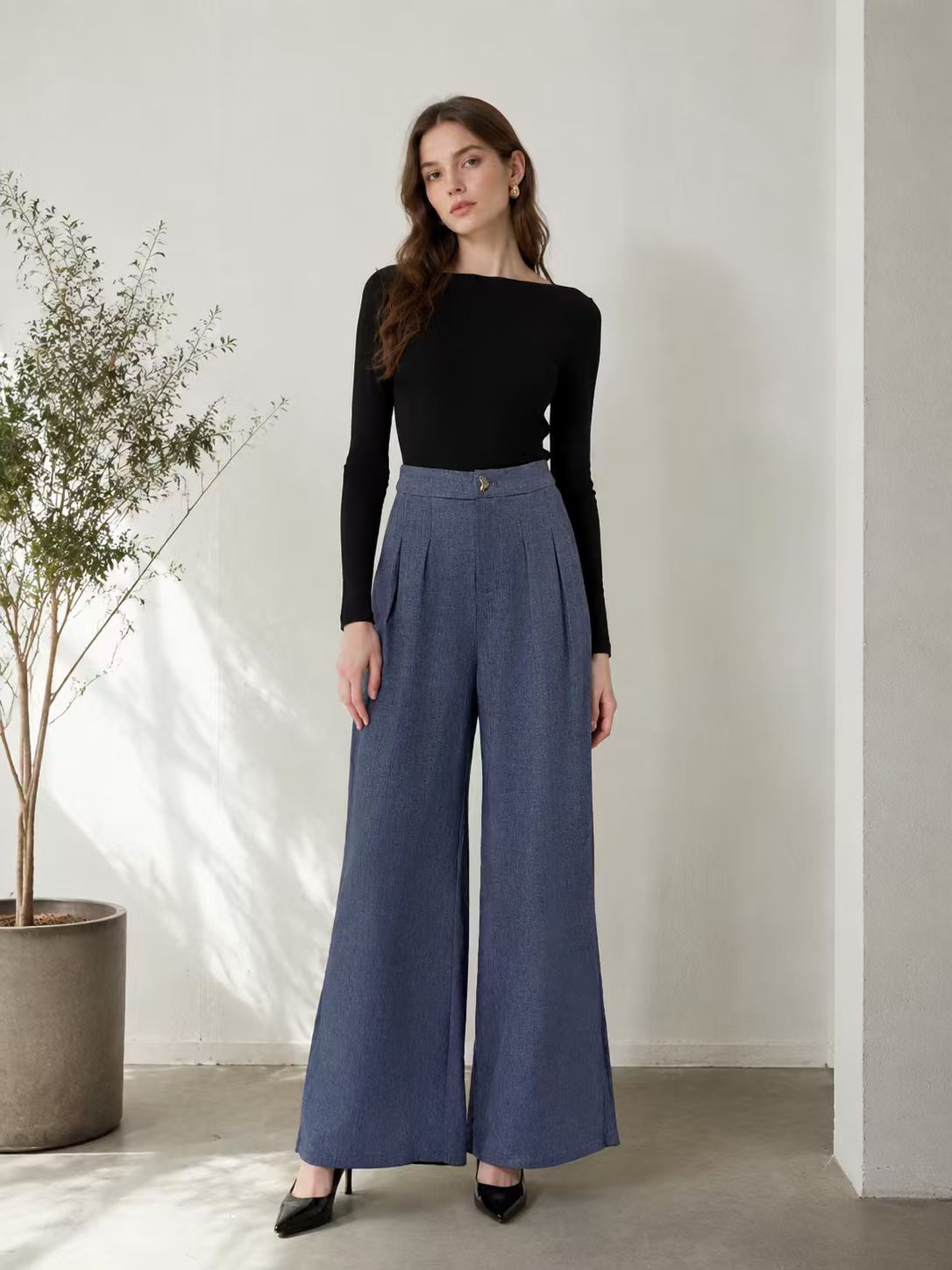 Elegant Blue Pleated Wide Leg Pants - Office Casual Trousers S-2544