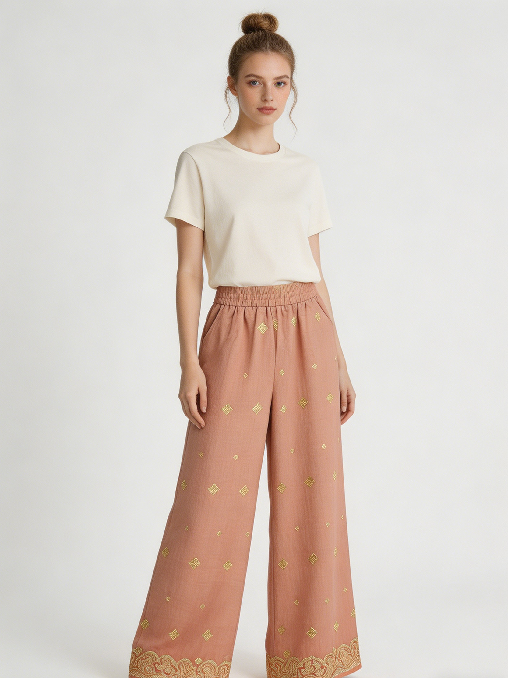 Chic  Gold Embroidered Trousers - High Waist Boho Wide Leg Pants  AN-710002